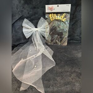 White Bridal Pearl Tulle Veil Bow with Gold Bride Headband